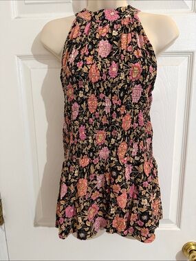 Cynthia Rowley Black Floral Halter top with Pink & Tan Blooms